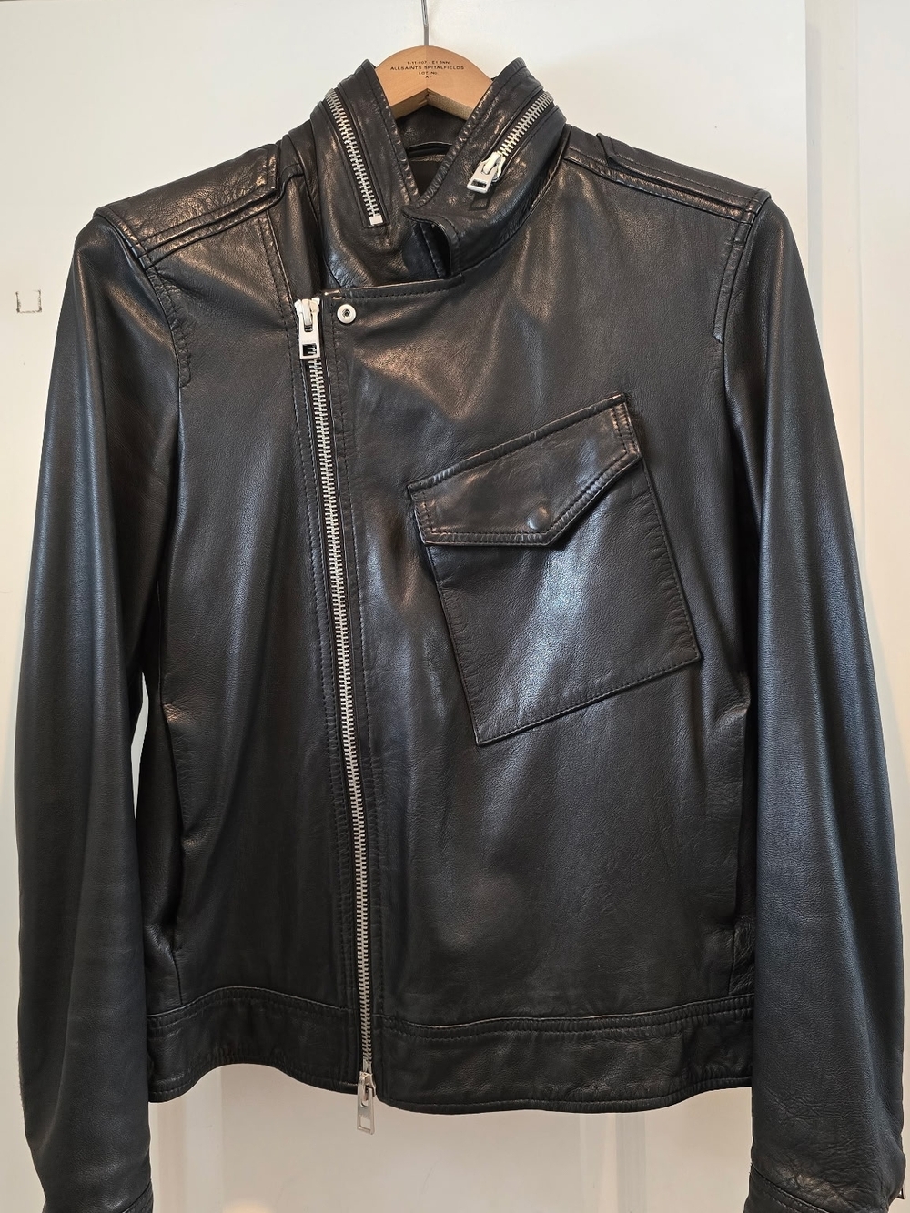 AllSaints Black Leather Bomber Jacket with Asymmetric Zip
